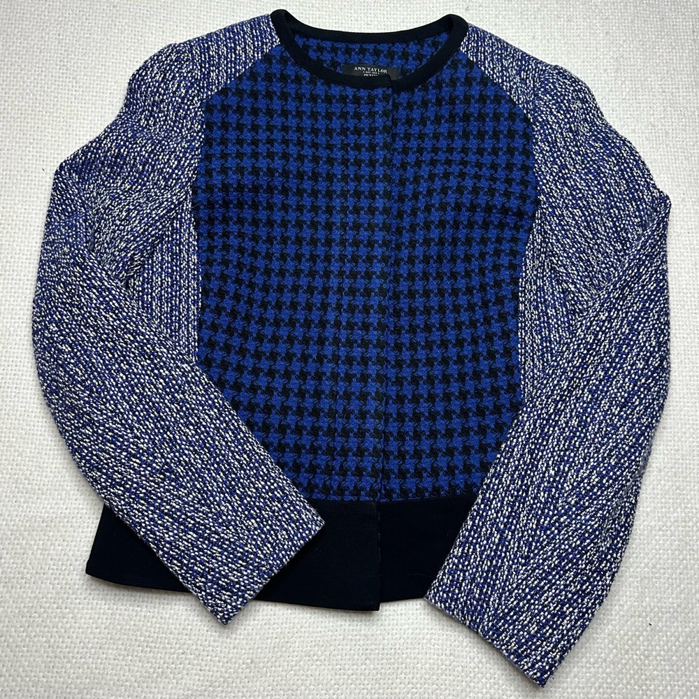 Ann Taylor Women's 2P Petite Blazer Blue Black Houndstooth Cotton Wool LS - Picture 2 of 13